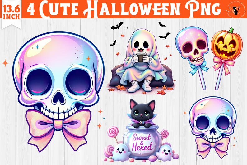 May include: A digital illustration featuring cute Halloween-themed graphics. The image includes a large skull with a bow, a ghost holding a cup, a black cat, and skull lollipops. The text "4 Cute Halloween PNG" is at the top.