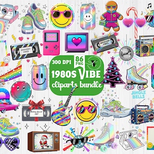 May include: A collection of colorful 1980s-themed clip art, including roller skates, smiley faces, cassette tapes, a boombox, and a Christmas tree. The phrase "1980s Vibe Cliparts Bundle" is displayed in green text. The image is full of bright colors and retro designs.