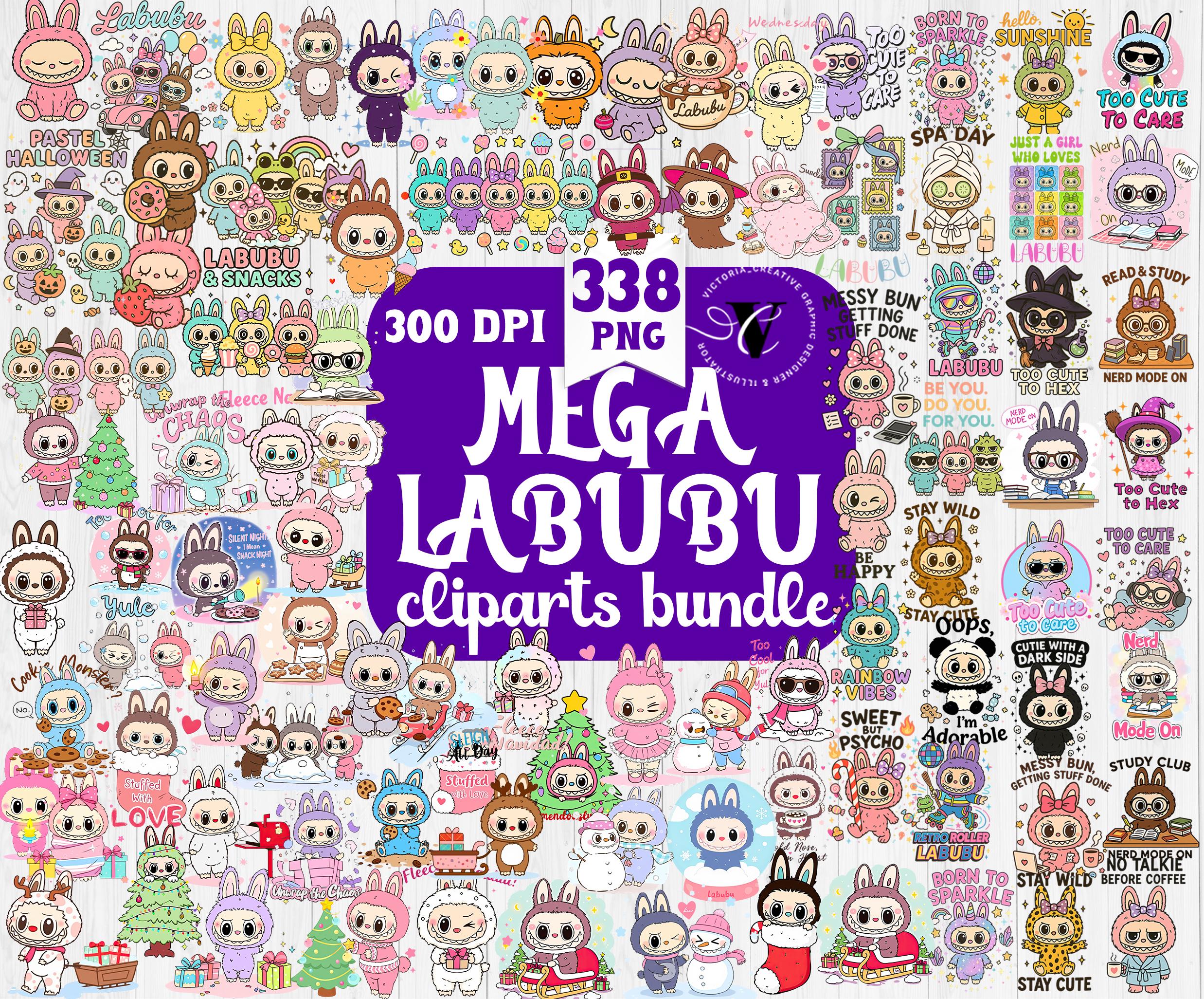 Mega Labubu Clipart Bundel | Kawaii Kerstmis, Feestdagen PNG's | Schattige Labubu Konijn Sublimatie Ontwerpen | Labubu voor Stickers, Knutselen, Printbaar