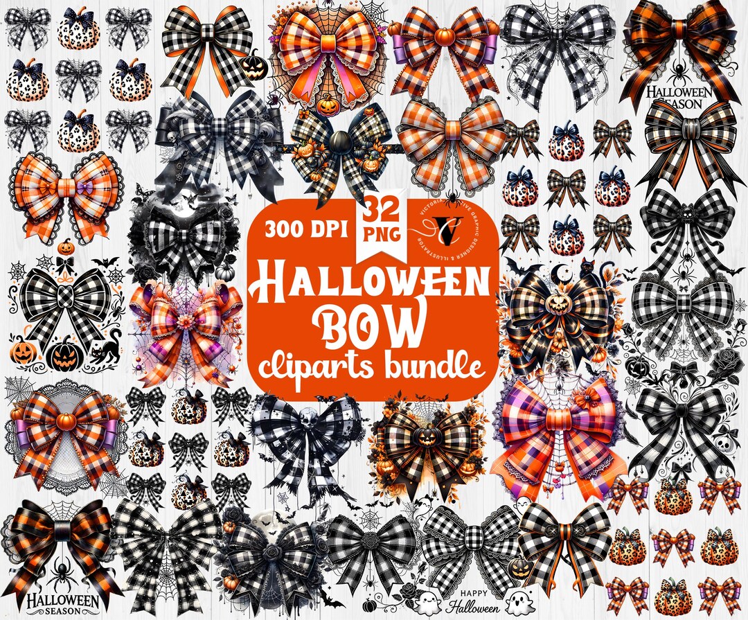 Halloween Bow Clipart Bundle | 32 PNG Buffalo Plaid Bows | Spooky ...