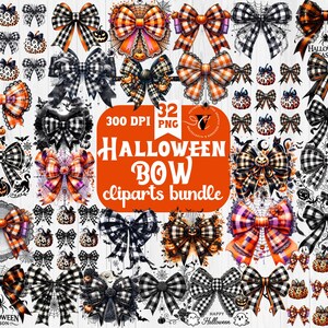 Halloween-klipppaket med rosett | 32 PNG-buffelplädsrosetter | Spöklika digitala bilder | Halloweendekorationer | Coquette-klipppaket med rosett