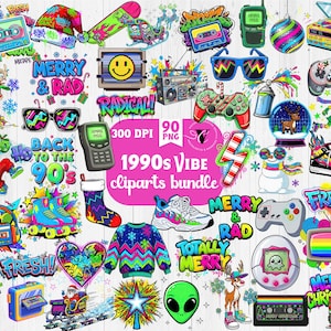 May include: A collection of colorful 1990s-themed clip art. Includes a boombox, cassette tape, roller skates, a smiley face TV, a pager, and the text "Merry & Rad". The image has a festive, retro vibe.