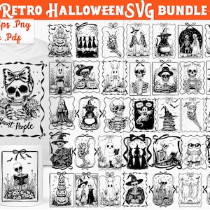 Könnte beinhalten: Ein Bundle mit 37 Retro-Halloween-SVG-Designs in Schwarz und Weiß. Die Illustrationen zeigen Schädel, Geister und Hexen. Eine weiße Tasse und ein T-Shirt sind ebenfalls zu sehen, die einige der Designs zeigen. Der Text lautet 'Haunt People'.