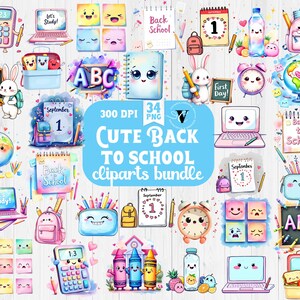 Könnte beinhalten: Eine Sammlung von Back-to-School-Cliparts im Aquarellstil. Enthält lächelnde Laptops, Taschenrechner, Bleistifte, Notizbücher, Rucksäcke und einen Globus. Der Text "CUTE BACK TO SCHOOL cliparts bundle" wird angezeigt.
