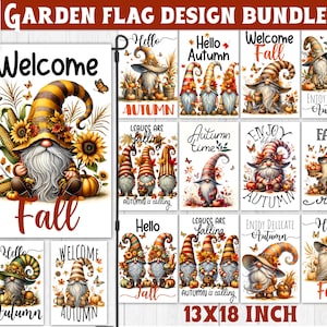 Puede incluir: Un conjunto de 15 diseños de banderas de jardín con temas otoñales. Las banderas presentan gnomos, calabazas, girasoles y las palabras "Welcome Fall", "Hello Autumn" y "Enjoy Delicate Autumn". Las banderas miden 33 x 46 cm.