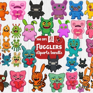 May include: A collection of colorful, cartoonish monster and creature clip art. The designs include various colors, shapes, and expressions, some holding hearts or with stitched features. The image includes the text "FUGGERS cliparts bundle".