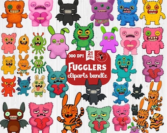 Paquete de imágenes prediseñadas de monstruos | 21 imágenes PNG de monstruos espeluznantes y adorables | Diseños divertidos inspirados en peluches para manualidades, pegatinas y sublimación