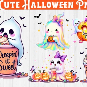 May include: A digital illustration featuring four cute Halloween-themed designs. The designs include ghosts, pumpkins, and the text "Sweet Spirits Only" and "Creepin' it Sweet". The image is 13.6 inches wide.