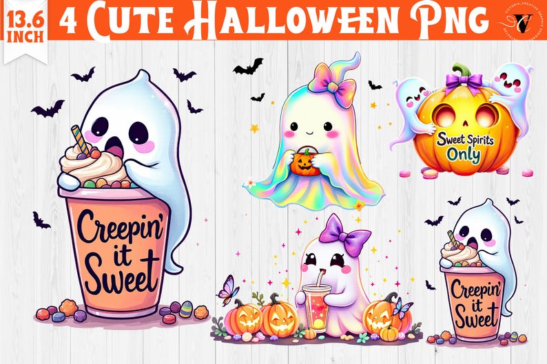 May include: A digital illustration featuring four cute Halloween-themed designs. The designs include ghosts, pumpkins, and the text "Sweet Spirits Only" and "Creepin' it Sweet". The image is 13.6 inches wide.