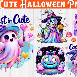 May include: A digital art graphic with the text "4 Cute Halloween PNG" and "Cast in Cute". The image features several cute cartoon ghosts, pumpkins, and a witch, all in vibrant colors. The image is 13.6 inches in width.