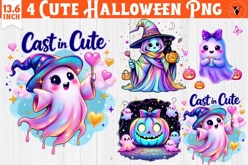 May include: A digital art graphic with the text "4 Cute Halloween PNG" and "Cast in Cute". The image features several cute cartoon ghosts, pumpkins, and a witch, all in vibrant colors. The image is 13.6 inches in width.