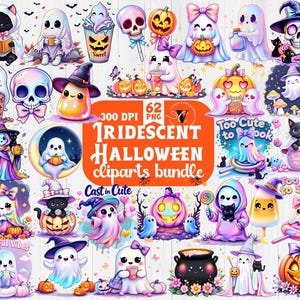 Pode incluir: Uma coleção de cliparts de Halloween iridescentes com fantasmas, abóboras, caveiras, gatos e outros elementos assustadores. As imagens incluem texto como "Too Cute to Spook" e "Boo-tiful Vibes".