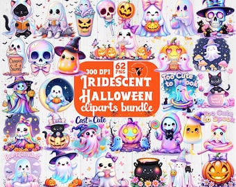 Iriserende Halloween-clipartbundel | 62 PNG-bestanden | Pastelkleurige gothische spoken, schattige schedels, snoep en katten | Sublimatieafbeeldingen van 300 dpi