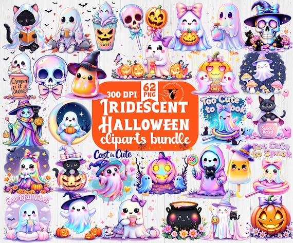 Iridescent Halloween Clipart Bundle | 62 PNG Files | Pastel Goth Ghosts, Cute Skulls, Candy & Cats | 300 DPI Sublimation Graphics