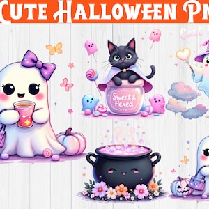 May include: A digital illustration featuring cute Halloween-themed characters. The image includes a ghost holding a drink, a black cat in a jar, and a cauldron. The text "Sweet & Hexed" is visible. The image is 13.6 inches wide.