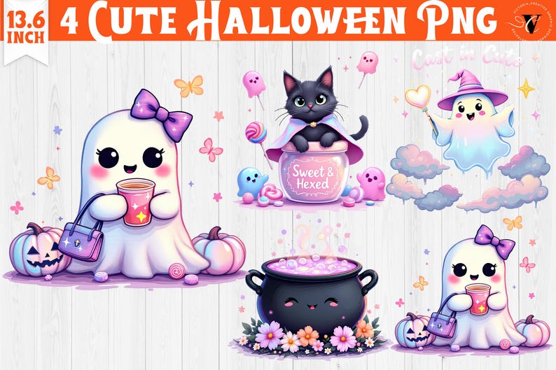 May include: A digital illustration featuring cute Halloween-themed characters. The image includes a ghost holding a drink, a black cat in a jar, and a cauldron. The text "Sweet & Hexed" is visible. The image is 13.6 inches wide.