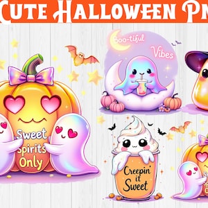 May include: A collection of four cute Halloween-themed PNG graphics. The designs include a pumpkin with heart eyes and ghosts, a ghost on a crescent moon, a candy corn character, and a dessert cup. The text includes "Sweet Spirits Only" and "Creepin' it Sweet".
