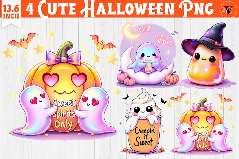 May include: A collection of four cute Halloween-themed PNG graphics. The designs include a pumpkin with heart eyes and ghosts, a ghost on a crescent moon, a candy corn character, and a dessert cup. The text includes "Sweet Spirits Only" and "Creepin' it Sweet".