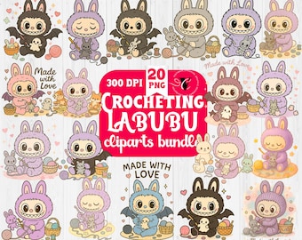 Haak Labubu Clipart Bundel | 20 Leuke PNG&#39;s | Kawaii Konijn Garen Graphics | Haak Sublimatie | Gemaakt met Liefde Digitale Kunst