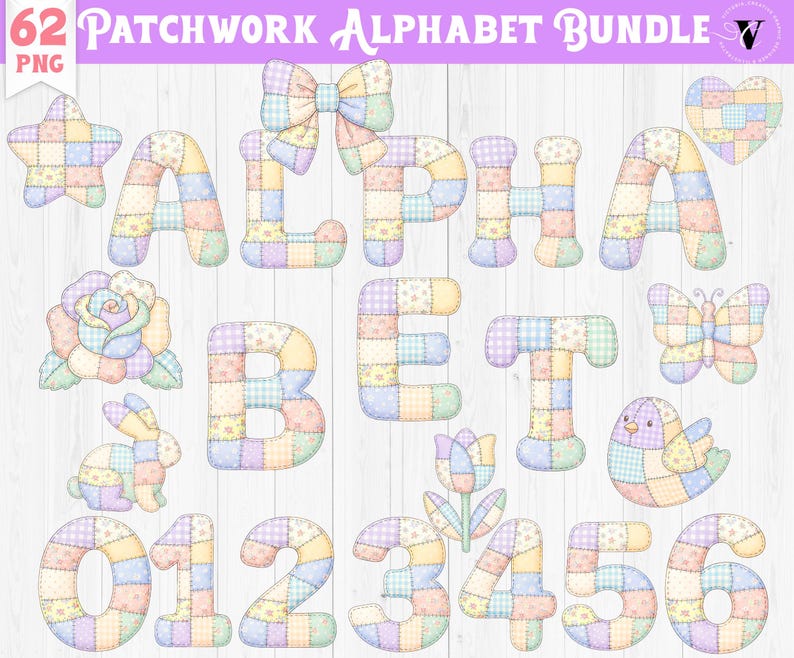 Patchwork Alphabet PNG Bundle | Pastel Quilt Letters & Numbers Clipart ...