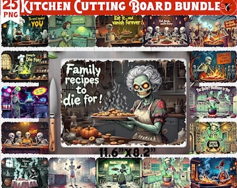 May include: A bundle of 25 kitchen cutting boards with spooky, Halloween-themed illustrations. The boards feature images of skeletons cooking, with phrases like "Family recipes to die for!" and "Eat it... and vanish forever!" The boards measure 11.6" x 8.2".