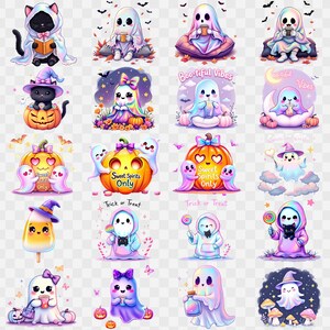 May include: A collection of colorful Halloween-themed illustrations. The images feature ghosts, cats, pumpkins, and other festive elements. Some images include text like "Sweet Spirits Only" and "Cast in Cute". The overall theme is whimsical and playful.
