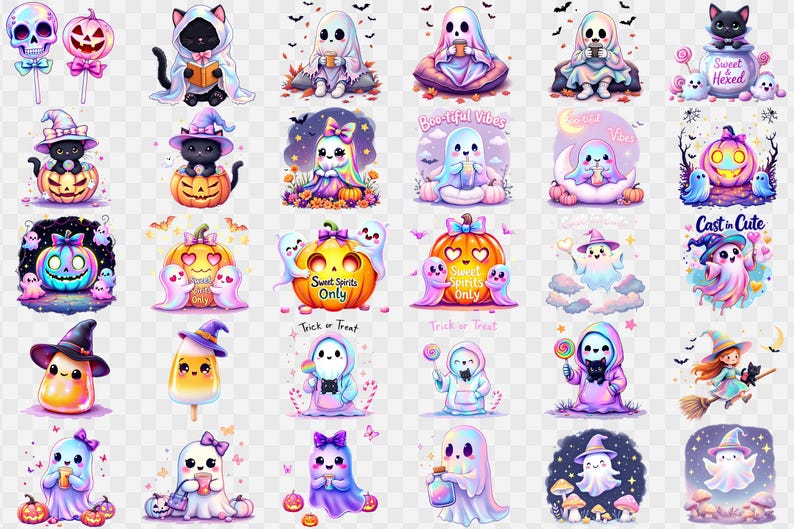 May include: A collection of colorful Halloween-themed illustrations. The images feature ghosts, cats, pumpkins, and other festive elements. Some images include text like "Sweet Spirits Only" and "Cast in Cute". The overall theme is whimsical and playful.