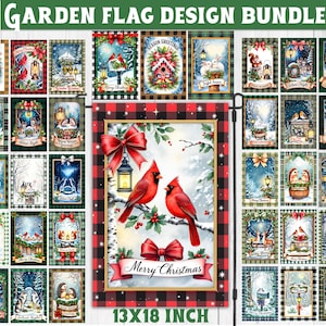 Puede incluir: Un conjunto de 42 diseños de banderas de jardín con temas de invierno y Navidad. Los diseños incluyen cardenales, escenas nevadas y saludos festivos. El diseño principal de la bandera mide 33 x 46 cm y presenta dos cardenales rojos y una pancarta de "Feliz Navidad".