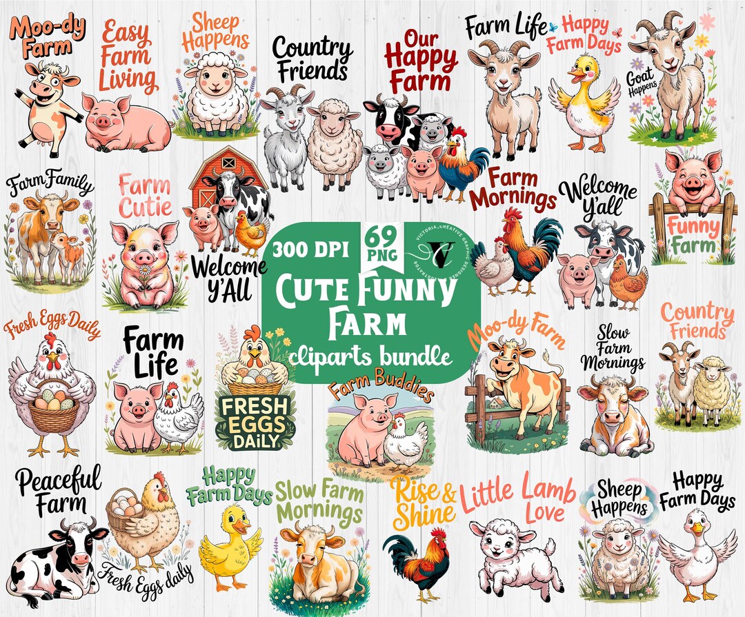 Funny Farm Sublimation Bundle PNG | Cute Farm Animals Clipart | Chicken ...
