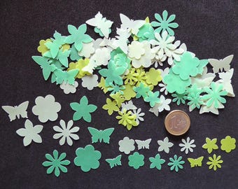 Einzelset - ca 115 handgestanzte Streuteile Transparentpapier grün Stanzteile Blumenmotive Schmetterlinge