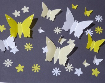 30 Stanzteile - 12 Schmetterlinge 18 Blümchen starkes Transparentpapier gelb weiß verschiedene Farben