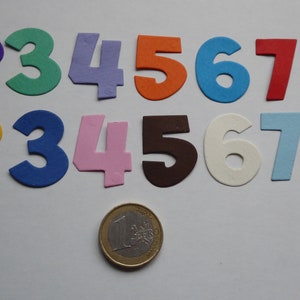 Könnte beinhalten: Ein Satz bunter Schaumstoffzahlen von 2 bis 8. Jede Zahl hat eine andere Farbe, darunter lila, grün, helllila, orange, blau, rot, schwarz, gelb, blau, rosa, braun, weiß, hellblau und grün.