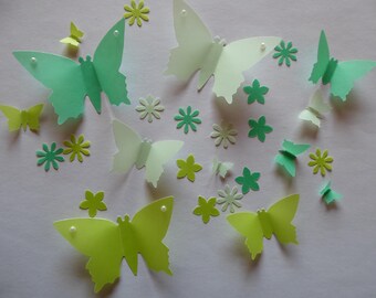 30 Stanzteile - 12 Schmetterlinge 18 Blümchen starkes Transparentpapier grün verschiedene Farben