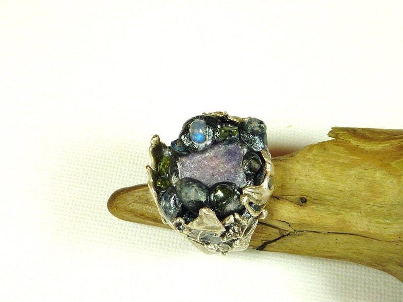 adjustable fairy ring silver crown ring medieval ring raw crystal ring Raw sapphire ring with rainbow moonstone