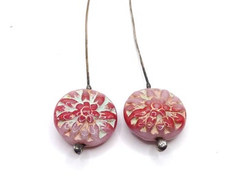 2 épingles à tête de dahlia en perles de verre tchèques premium soudées roses et rouges, composants artisanaux pour l'artisanat