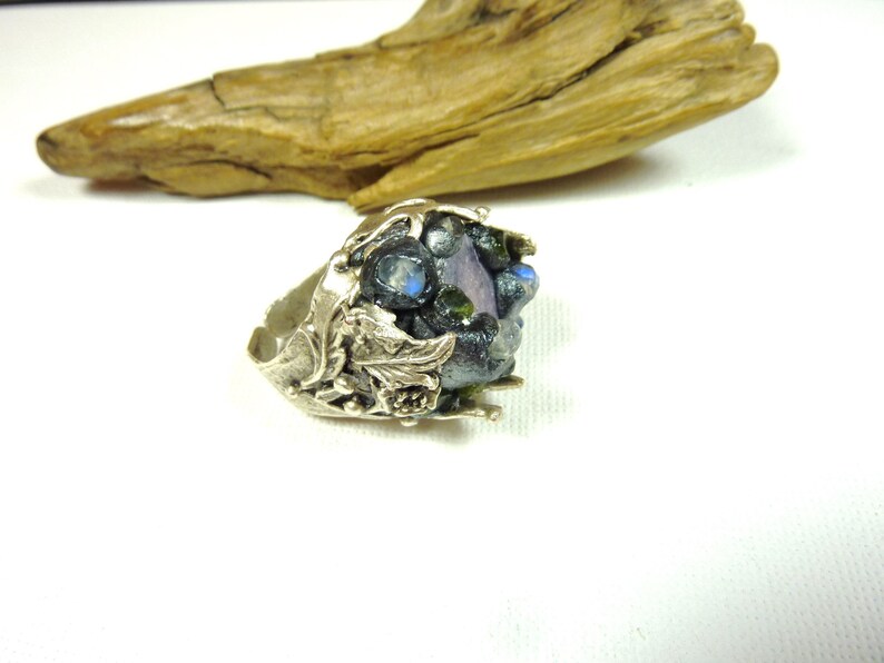 adjustable fairy ring silver crown ring medieval ring raw crystal ring Raw sapphire ring with rainbow moonstone