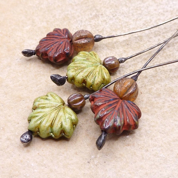 4 soldered czech glass leaf headpins artisan fall inspired jewelry components autumn colours