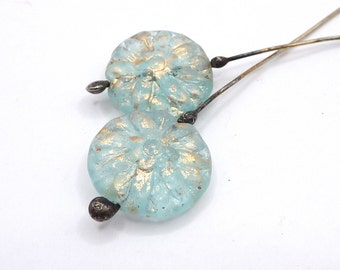 2 épingles à tête de dahlia en perles de verre tchèques de qualité supérieure, soudées de couleur turquoise et or, composants artisanaux pour l'artisanat