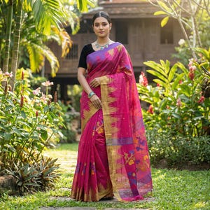 Magenta mit Lime Grün und Lila Rand Monipuri Tant Saree