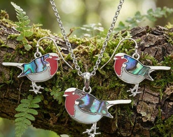 Paua shell robin pendant and earring set