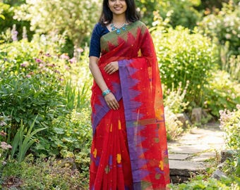 Red with Lime Green and Purple border Monipuri Tant Saree