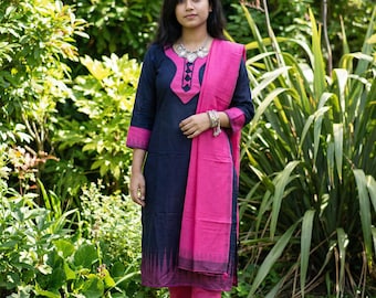 Salwar Kameez Monipuri negro y rosa - XL