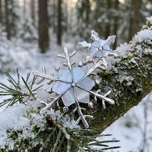 May include: Two silver snowflake brooches with iridescent centers rest on a snow-covered tree branch. The brooches have intricate, detailed designs, and the background shows a blurred winter forest scene.