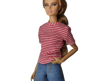 Red and white striped T- shirt for Fashion Royalty doll. Striped T- shirt for Integrity Toys 1/6 scale dolls.  Cosual female doll clothes.