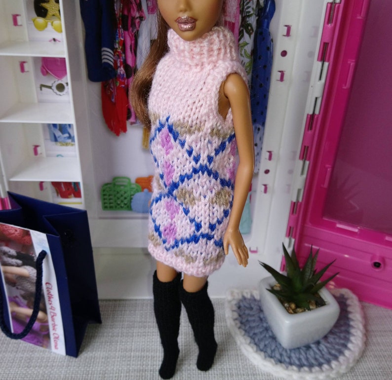Sweater Dress For Barbie Ooak Pink Jacquard Pattern Hand Knit Etsy