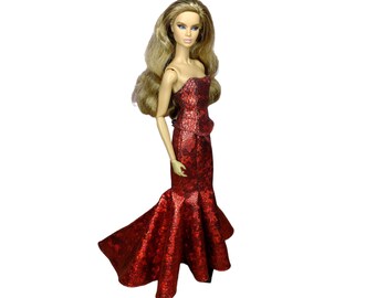 Red dress for Fashion Royalty, fashion doll dress with lace-up corset and a long train skirt, fashion royalty gown, Fashion Royalty clothes