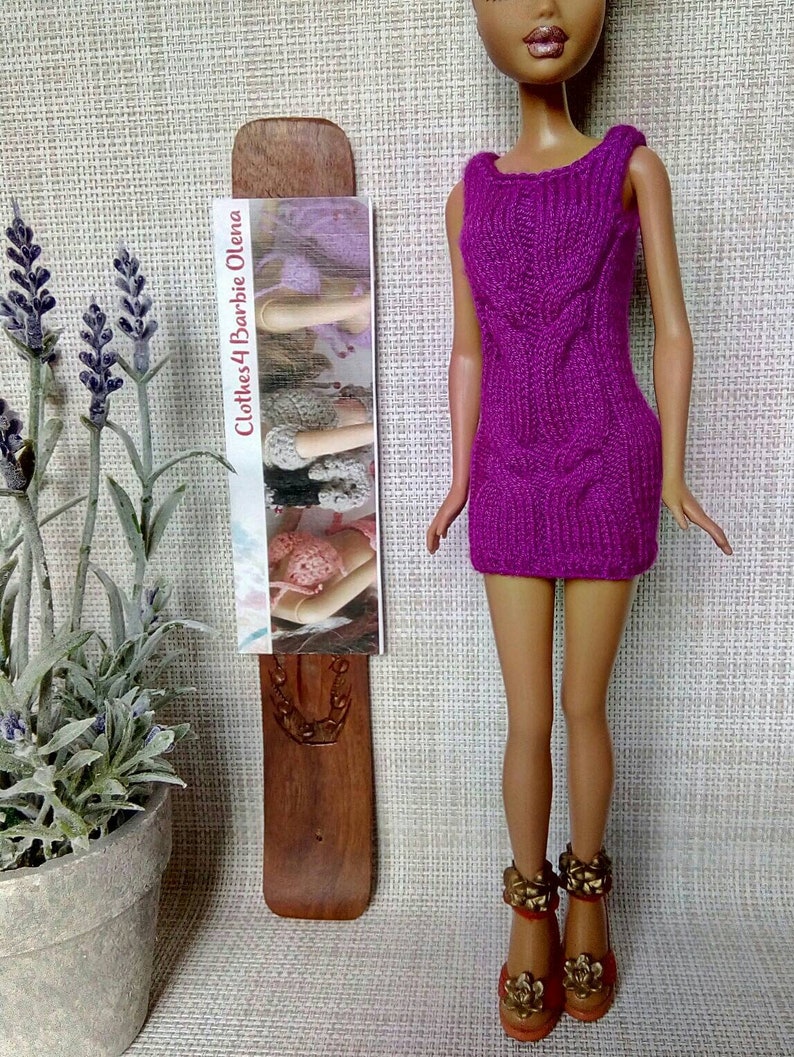 Clothes4BarbieOlena Hand-knitted purple dress with cable stitch for Barbie My Scene Poppy FR etc 16th scale 12 similar body size dolls