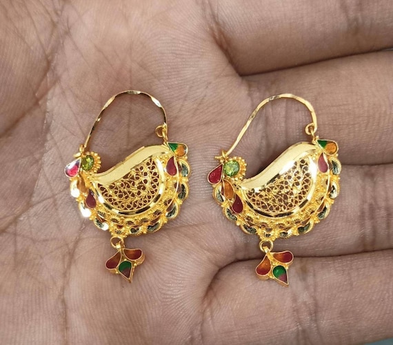 22kt yellow gold handmade vintage antique design tussi pattern tribal  earring dangle with hanging bells tribal jewelry from india  TRIBAL  ORNAMENTS