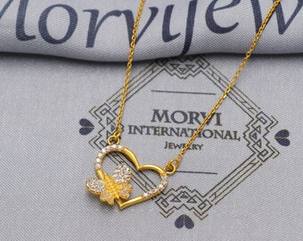 22k Gold Pendant Necklace Jewelry, Butterfly & Heart Gold Necklace, Party Wear Chain, Cubic Zirconia Heart Pendant Handmade Necklace Chain