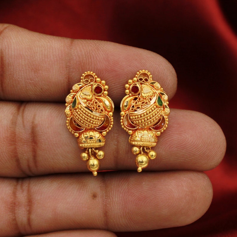 Peacock 22k Gold Stud Jhumki Earrings , Handmade Yellow gold earrings for women, vintage antique design indian gold earrings jewelry image 1